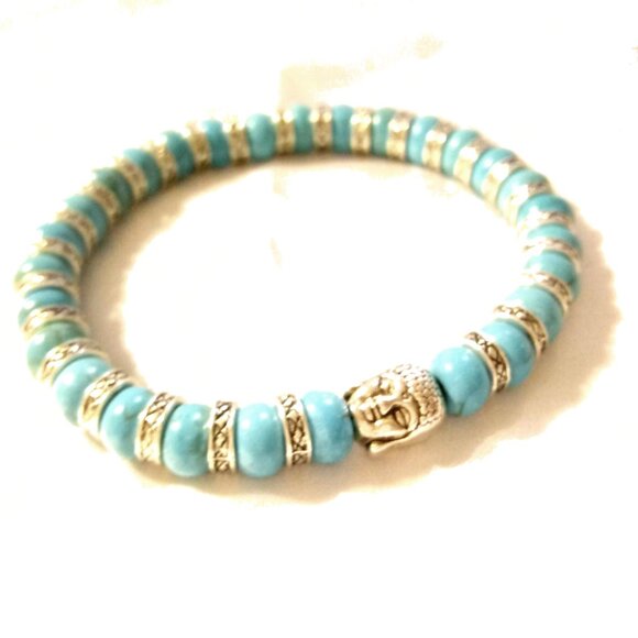 Silver Buddha Genuine Turquoise Bracelet - Picture 1 of 8